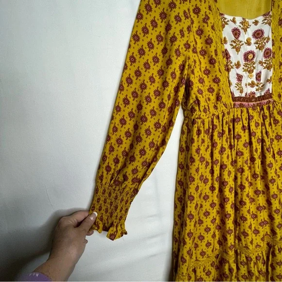 In Loom Floral Gold Yellow Purple Maxi Dress L BohoFestival SummerFairycore NWOT - Picture 5 of 15